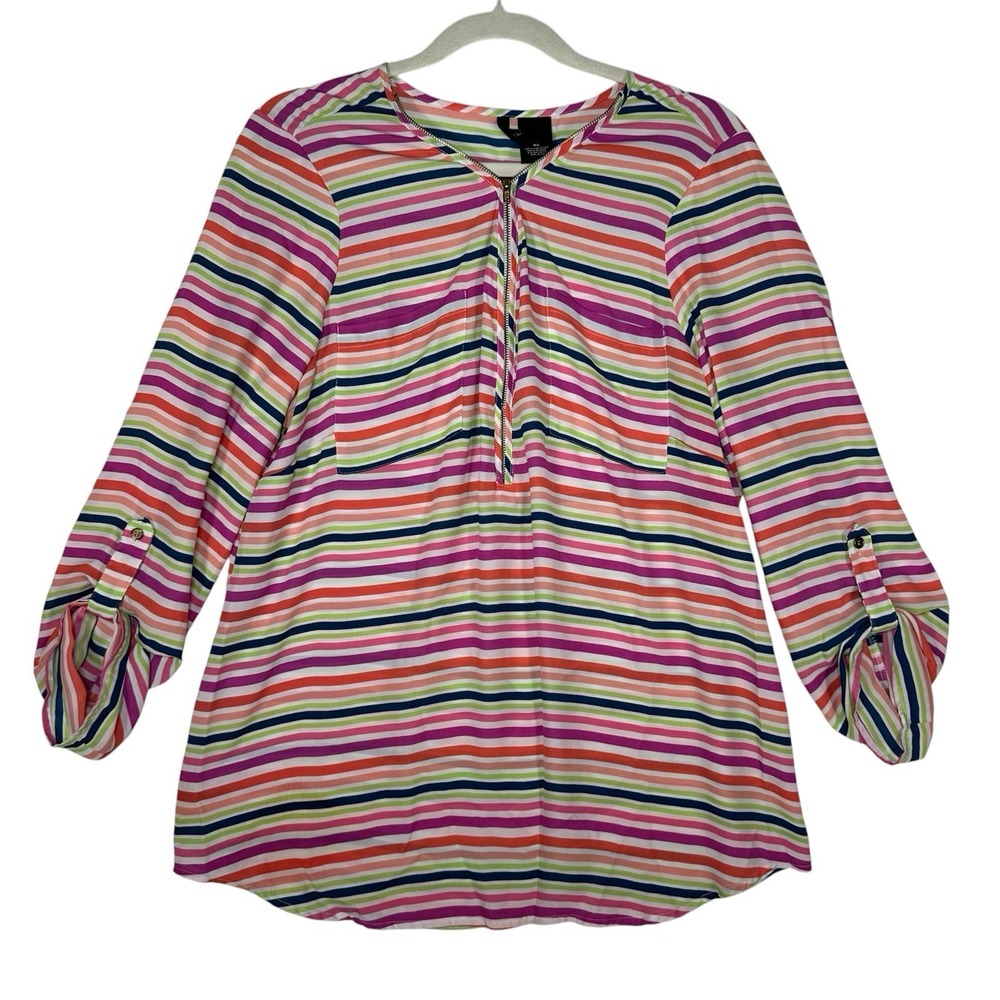 New Directions Tunic Blouse XL Rainbow Striped Zip Neck Roll Tab Sleeve Dopamine
